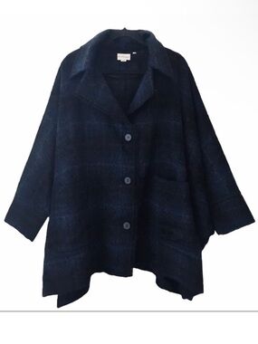 Pure DKNY Blue Plaid Wool Alpaca Blend Coat One Size